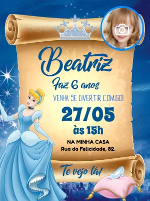 Convite Aniversário Cinderela com Foto para Editar Online