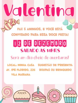 Convite de Aniversário Doceria Editável com Doces e Balas