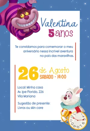 Convite Aniversário Alice no País das Maravilhas para Editar Online