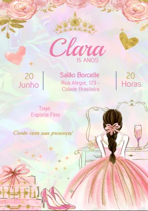 Convite 15 Anos Princesa Aquarela Dourada para Editar Online