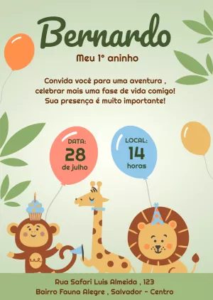 Convite Aniversário Safari com Animais Fofos para Editar Online