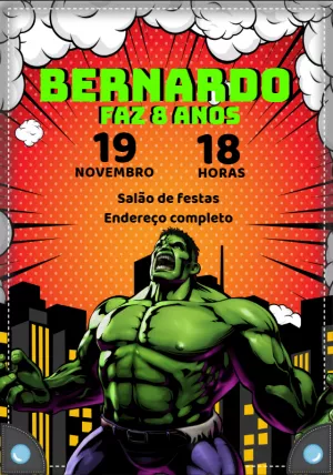 Convite de Aniversário Hulk Editável Online para Imprimir
