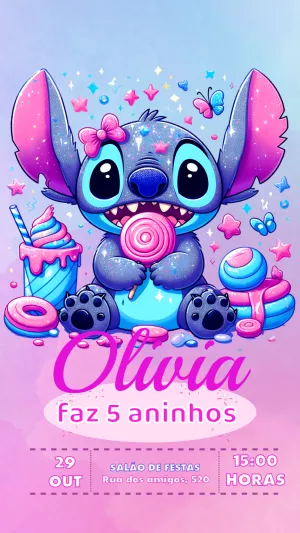 Convite Aniversário Stitch Rosa Editável Online para Imprimir