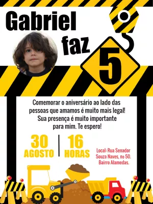 Convite Aniversário Construção com Foto para Editar Online