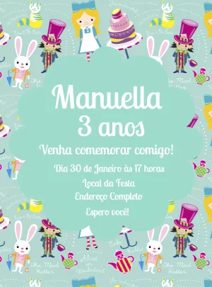Convite de Aniversário Alice no País das Maravilhas para Editar