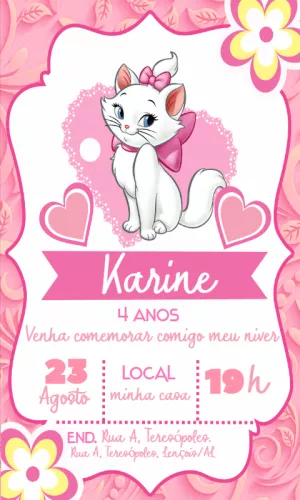 Convite Aniversário Gatinha Marie para Editar Online