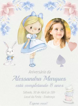 Convite de Aniversário Alice com Foto para Editar Online