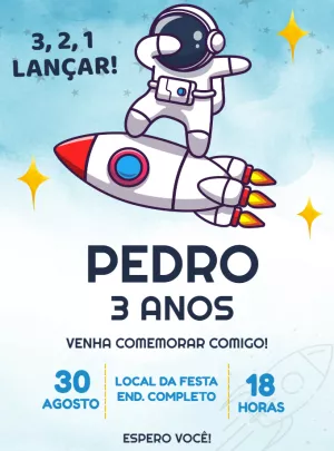 Convite de Aniversário Astronauta e Foguete para Editar Online