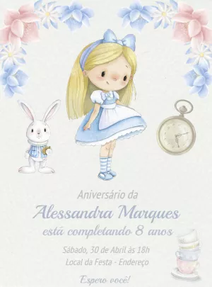 Convite Aniversário Alice no País das Maravilhas para Editar