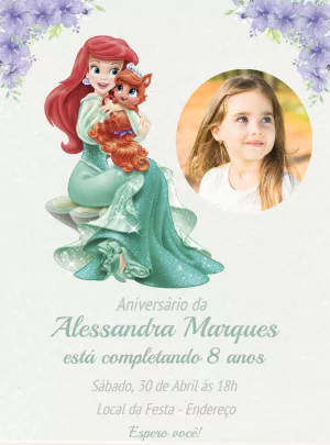 Convite Aniversário Pequena Sereia Ariel com Foto para Editar