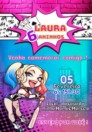 Convite de Aniversário Arlequina para Editar Online