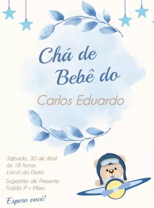 Convite Chá de Bebê Ursinho Aviador para Editar Online
