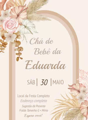 Convite Chá de Bebê Boho Floral com Pampas para Editar
