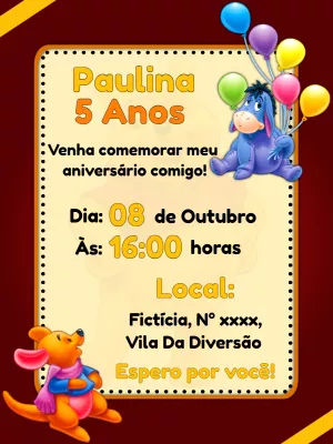 Convite Aniversário Ursinho Pooh e Amigos para Editar Online
