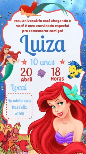 Convite Aniversário Pequena Sereia para Editar Online