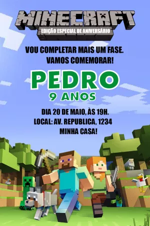 Convite de Aniversário Minecraft com Personagens para Editar Online