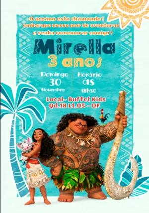Convite de Aniversário Moana com Personagens para Editar Online