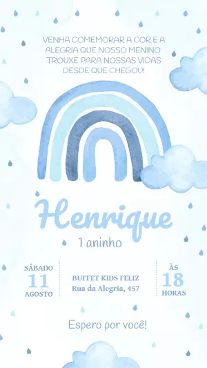 Convite Aniversário Arco-íris Azul Aquarela para Editar Online