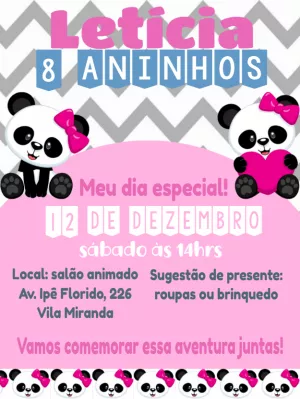 Convite Aniversário Panda Rosa Fofo para Editar Online