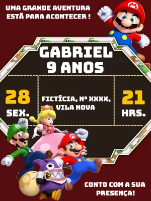 Convite de Aniversário Super Mario com Personagens para Editar
