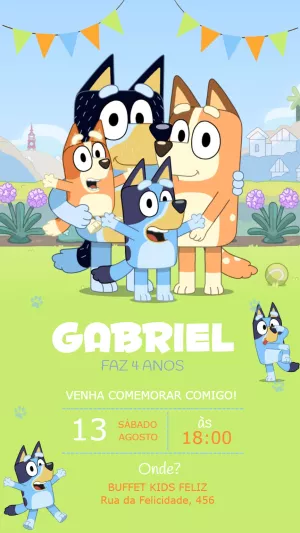 Convite de Aniversário Bluey e Bingo para Editar Online