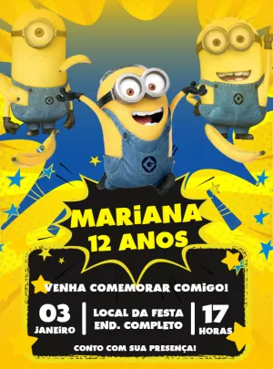 Convite de Aniversário Minions para Editar e Imprimir Online