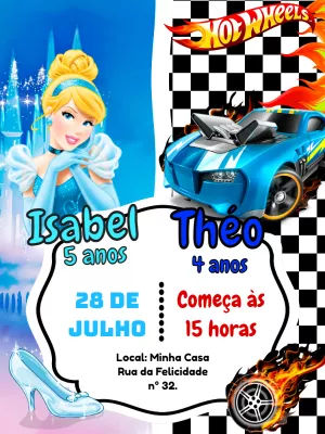 Convite Aniversário Duplo Cinderela e Hot Wheels para Editar