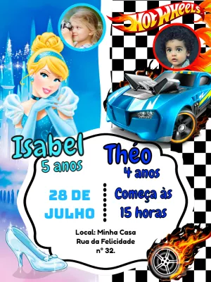 Convite Aniversário Duplo Cinderela e Hot Wheels para Editar