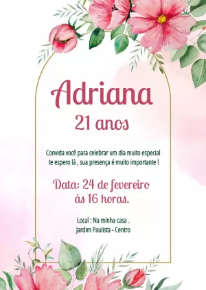 Convite de Aniversário Floral Rosa Editável para Imprimir