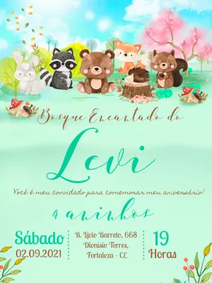 Convite de Aniversário Bosque Encantado com Animais para Editar