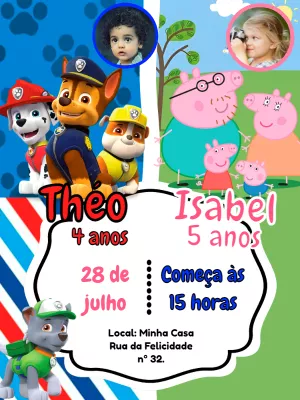 Convite Duplo Patrulha Canina e Peppa Pig com Foto para Editar