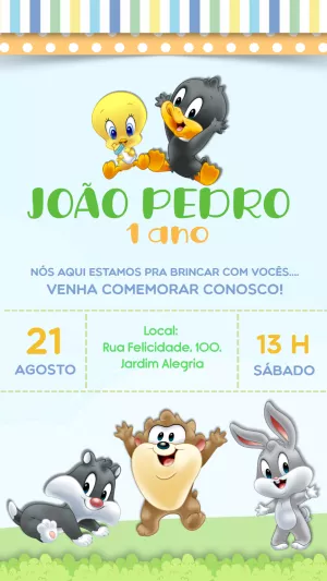 Convite Aniversário Looney Tunes Baby para Editar Online