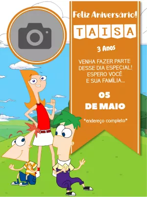Convite de Aniversário Phineas e Ferb com Foto para Editar