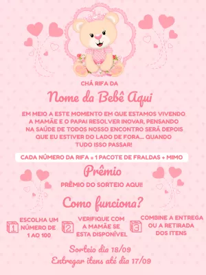 Convite Chá Rifa Ursinha Princesa para Editar Online