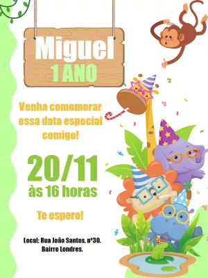 Convite de Aniversário Safari Baby com Animais para Editar