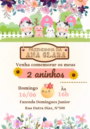 Convite de Aniversário Fazendinha Rosa com Animais Fofos para Editar