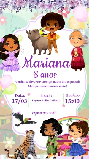 Convite de Aniversário Encanto com Personagens para Editar