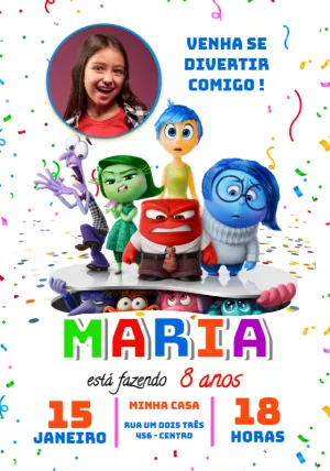 Convite Aniversário Divertida Mente com Foto para Editar Online