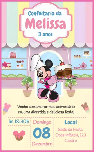 Convite Aniversário Minnie Confeiteira para Editar Online
