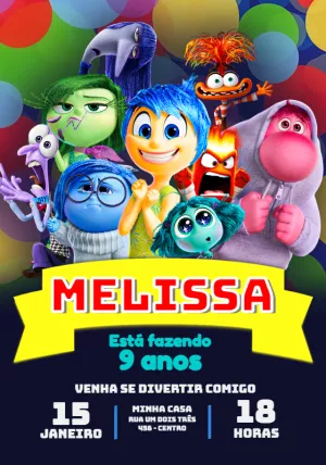 Convite Aniversário Divertida Mente 2 com Personagens para Editar