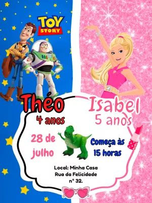 Convite Aniversário Duplo Toy Story e Barbie para Editar