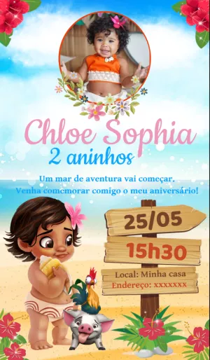 Convite Aniversário Moana Baby com Foto para Editar Online