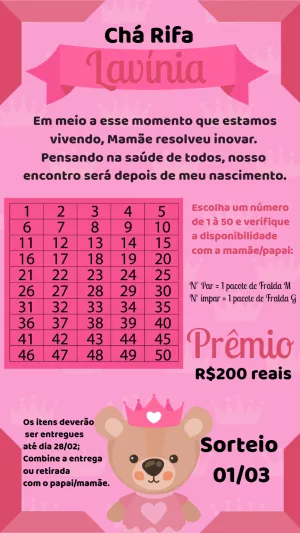 Convite Chá Rifa Ursinha Princesa para Editar Online
