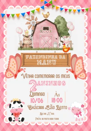 Convite Aniversário Fazendinha Rosa para Editar Online