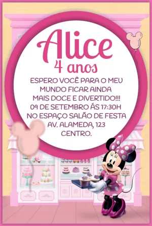 Convite Aniversário Minnie Confeiteira Servindo Doces para Editar