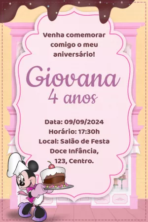 Convite Aniversário Minnie Confeiteira para Editar Online