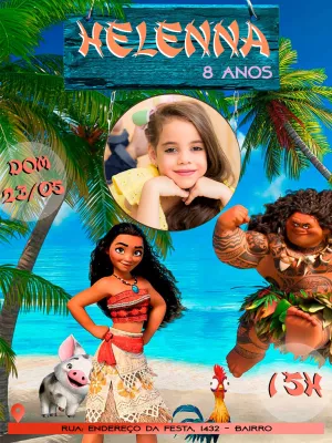 Convite de Aniversário Moana com Foto para Editar Online