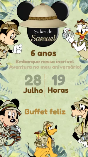 Convite Aniversário Safari Mickey Mouse para Editar Online
