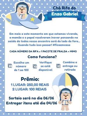 Convite Chá Rifa Ursinho Aviador para Editar Online