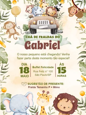 Convite Chá de Fraldas Safari com Animais para Editar Online